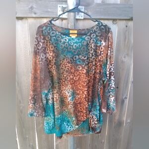 Ruby Rd Blouse Womens 1X Burnout Artsy Print Top Shirt Boho Knot 3/4 Sleeve